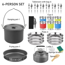 image-Aluminum Camping Cookware Set with Frying Pan & Kettle