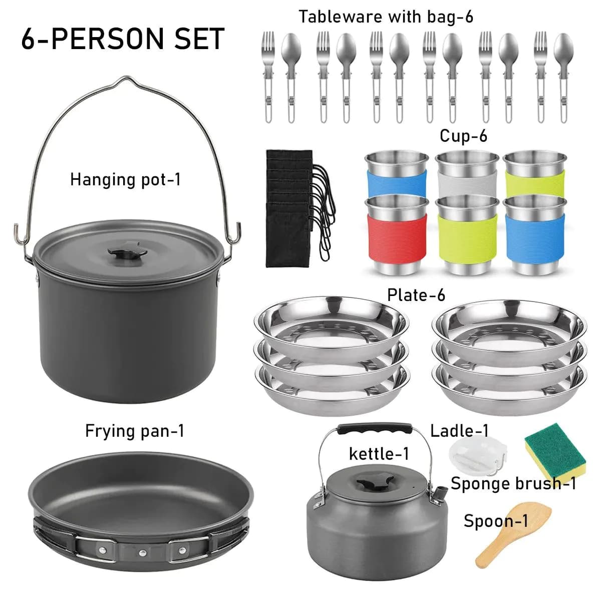 image-Aluminum Camping Cookware Set with Frying Pan & Kettle