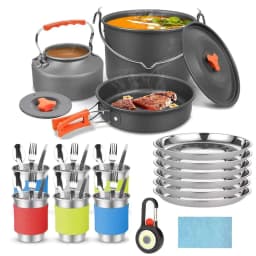 image-Aluminum Camping Cookware Set with Frying Pan & Kettle