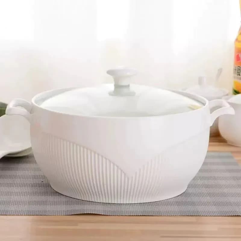 image-LOVFE High Quality Kitchen Cookware with Double Handle Classic Design Custom White Porcelain Soup Pot