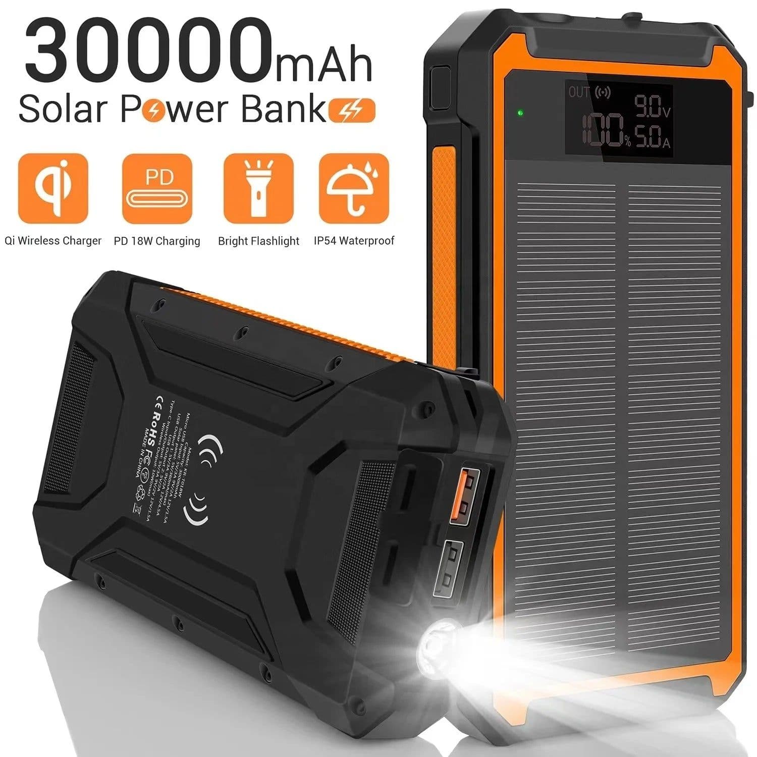 image-2025 Best Selling Fast Charging Waterproof Solar Power Bank 30000mAh 10W Wireless Charge Battery Watt LED DisplayFlashlights