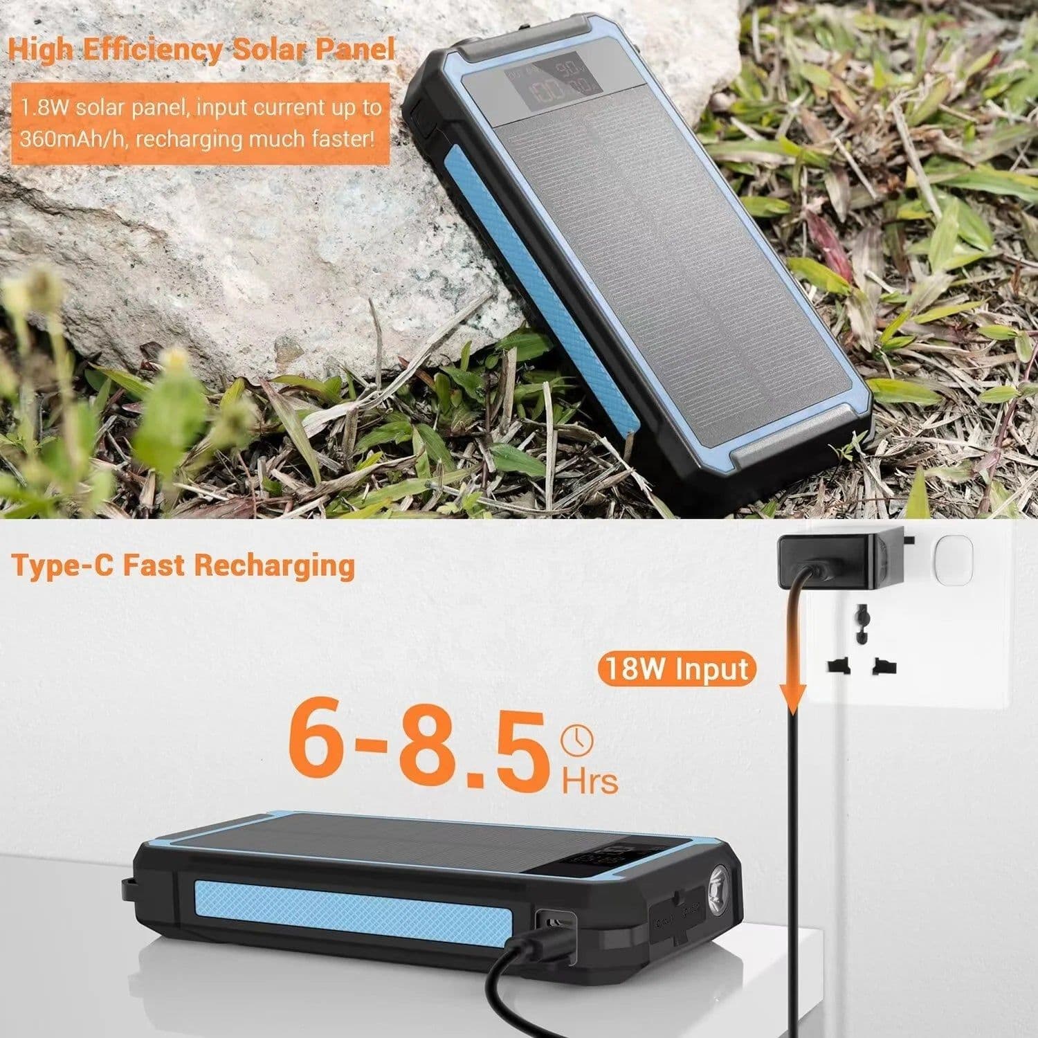 image-2025 Best Selling Fast Charging Waterproof Solar Power Bank 30000mAh 10W Wireless Charge Battery Watt LED DisplayFlashlights