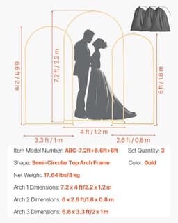 image-VEVOR Gold Metal Arch Backdrop Stand - Set of 3 (7.2/6.6/6 ft)