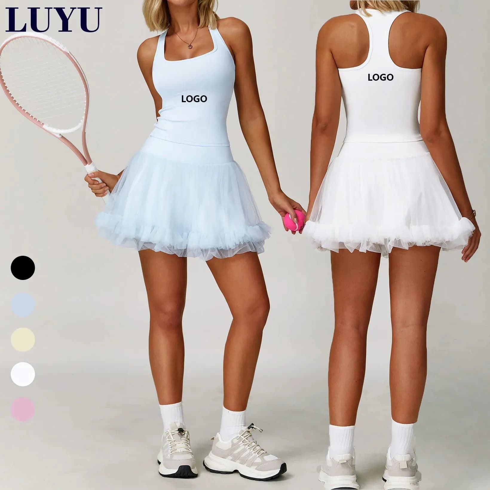 image-LUYU New Fashion 2 in 1 Mesh Panel Tennis Skirt Sets Cute Elegant Gym Sports Breathable Top and Skirt Padel Wear