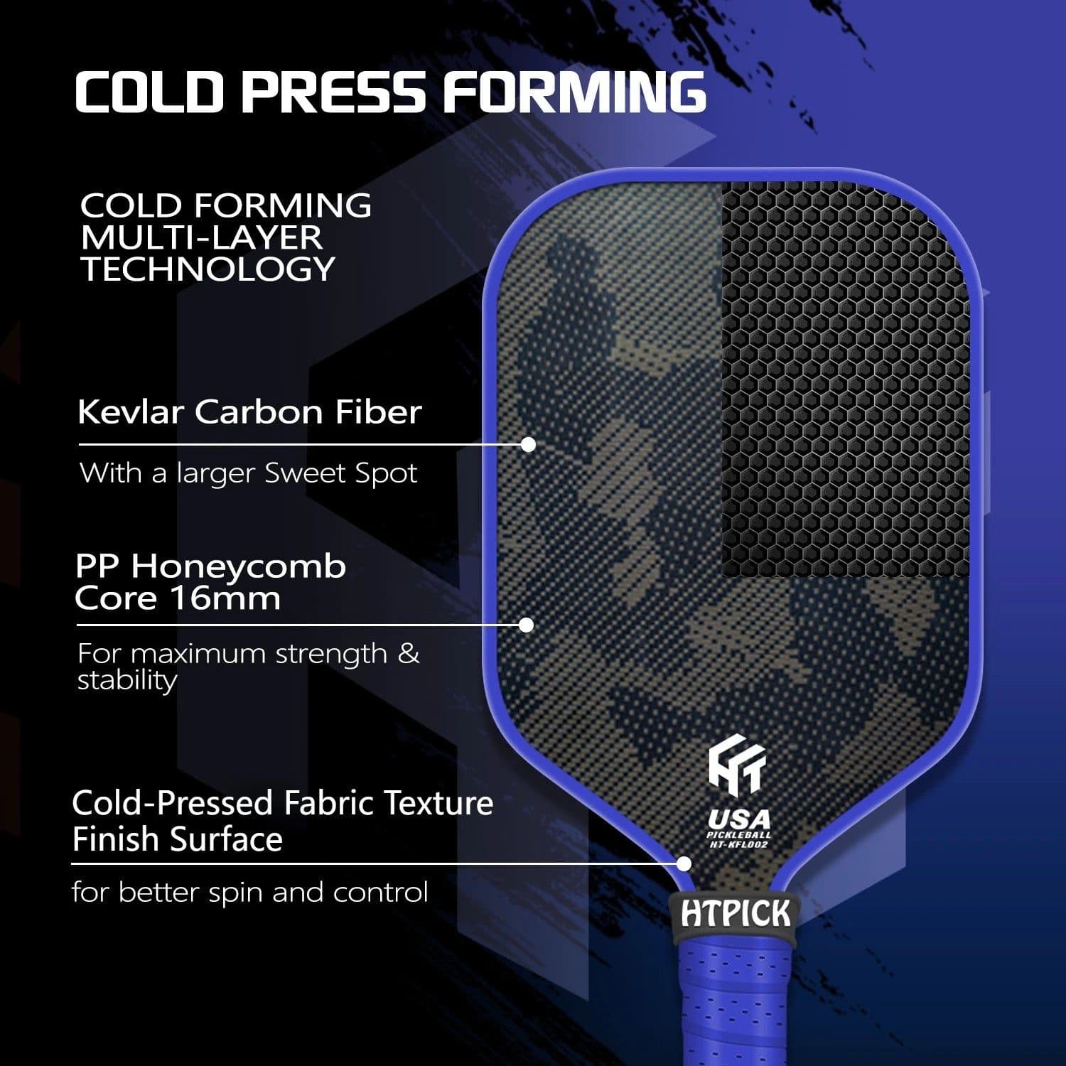 image-Pickelball Padel Kevlar Surface 16mm Thickness PP Honeycomb Core Arc Top Paddle Lightweight Portable Comfort Entertainment