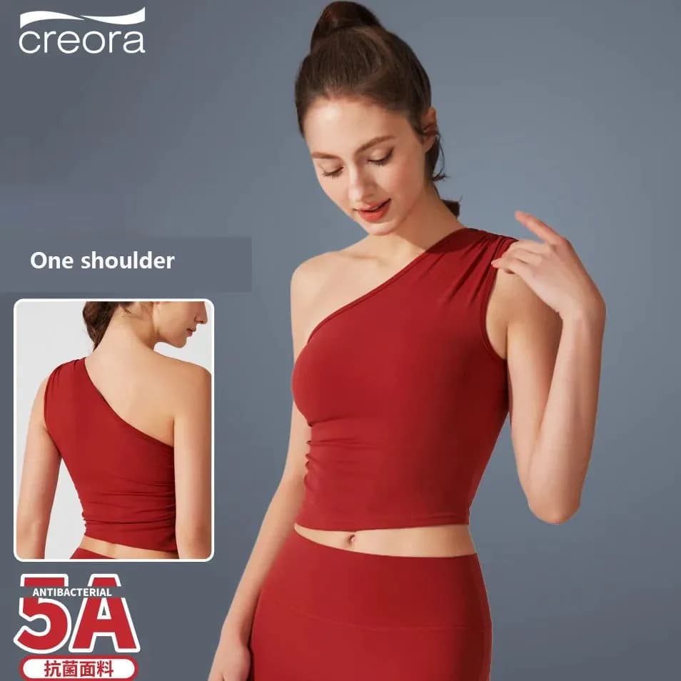 image-New Arrival Custom Logo Women Anti Bacteria Nude One Shoulder Crop Top Yoga Fitness Padel Wear Twist Slim Fit Tops