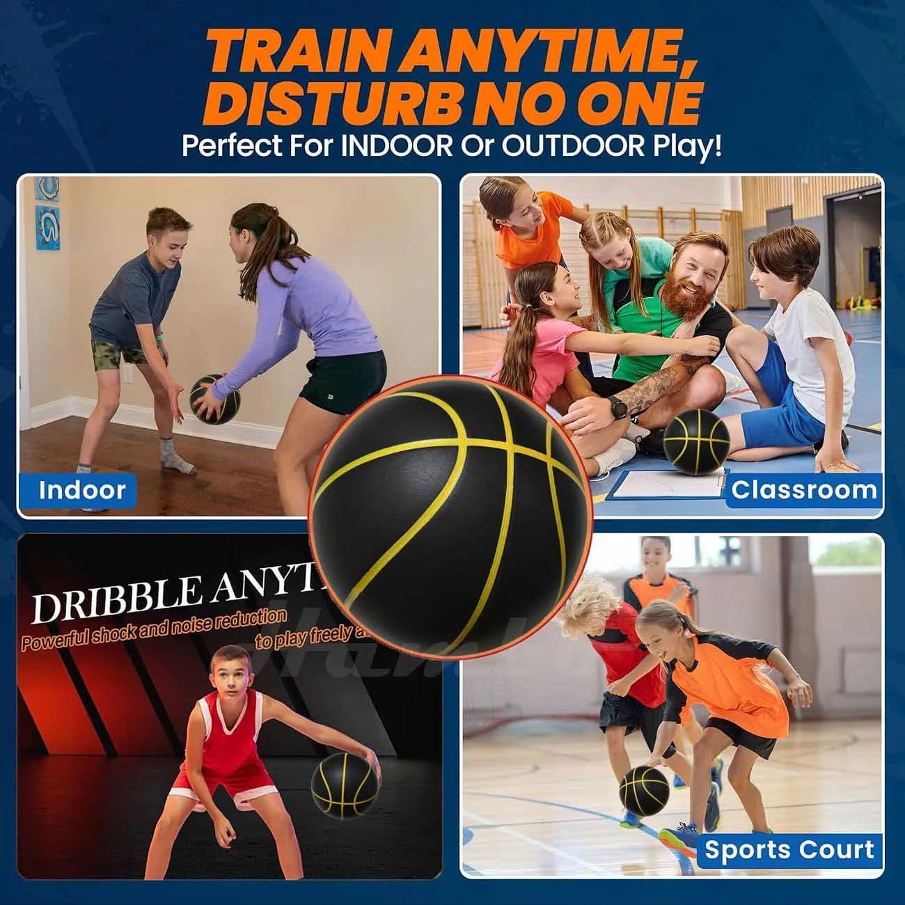image-580G Silent Basketball Noiseless Dribble Indoor Size 7- 29.5inch PU Foam Airless Basketball Quiet Bounce 90% of Real Basketball