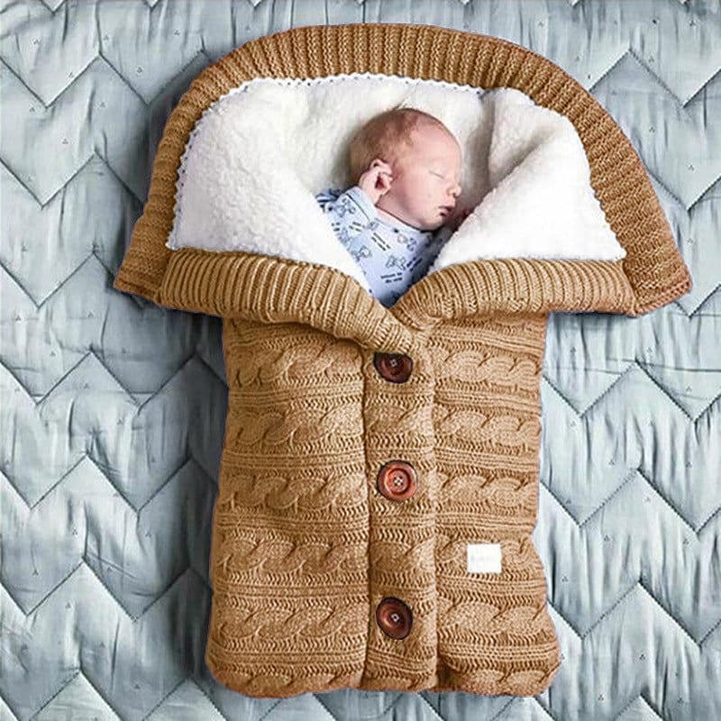 image-European and American autumn and winter baby stroller sleeping bag outdoor button baby knitted sleeping bag wool plus velvet thick swaddle quilt