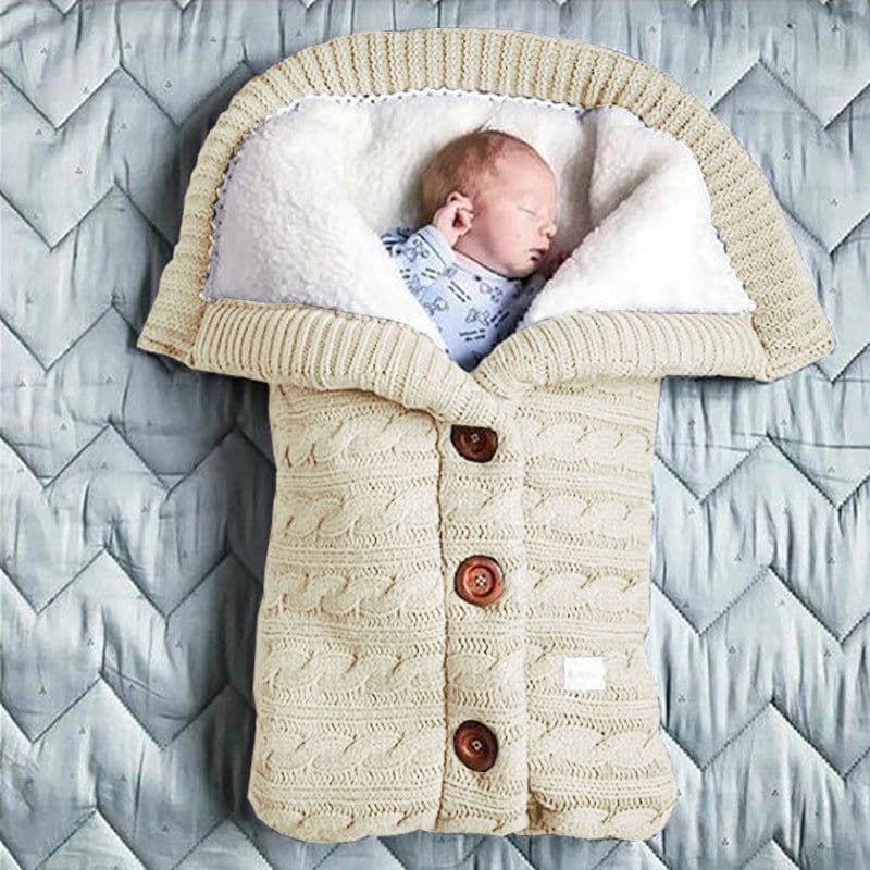 image-European and American autumn and winter baby stroller sleeping bag outdoor button baby knitted sleeping bag wool plus velvet thick swaddle quilt