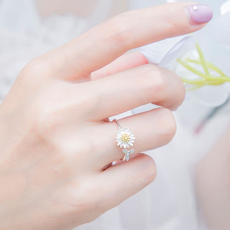 image-s925 sterling silver daisy ring female fresh forest flower ring cute leaf index finger ring jewelry birthday gift