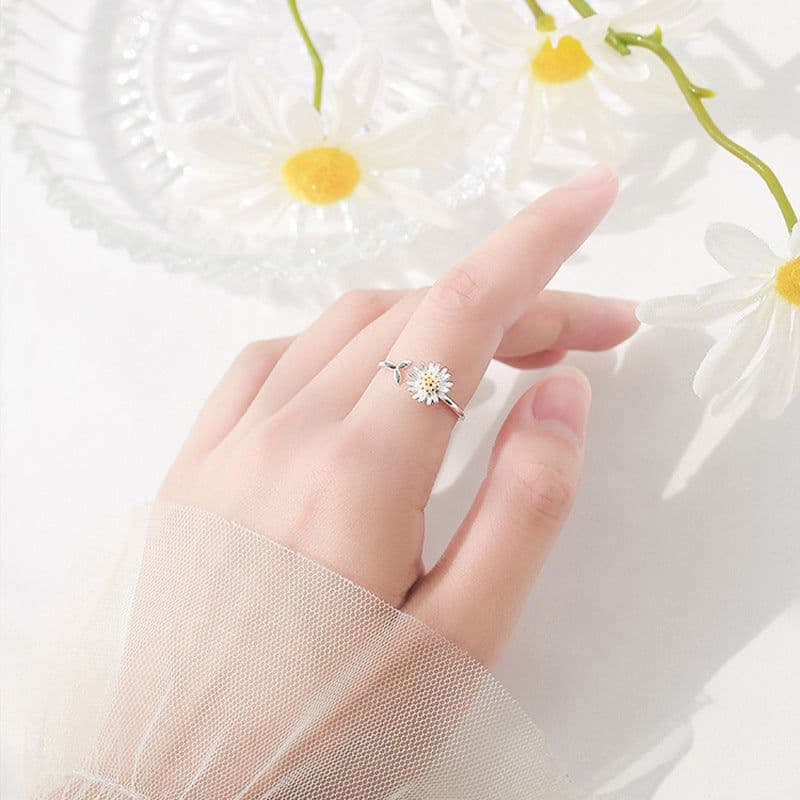 image-s925 sterling silver daisy ring female fresh forest flower ring cute leaf index finger ring jewelry birthday gift