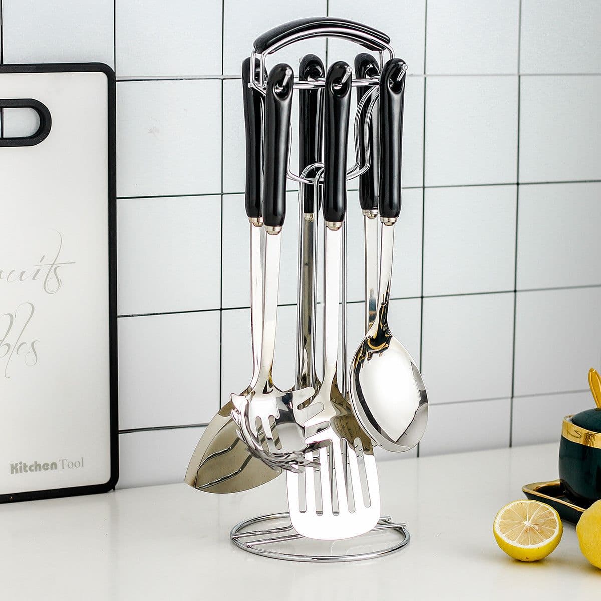 image-Hanle light luxury emerald kitchen full set of spoon shovel shovel soup spoon rice spoon ceramic handle anti-scalding cooking utensils