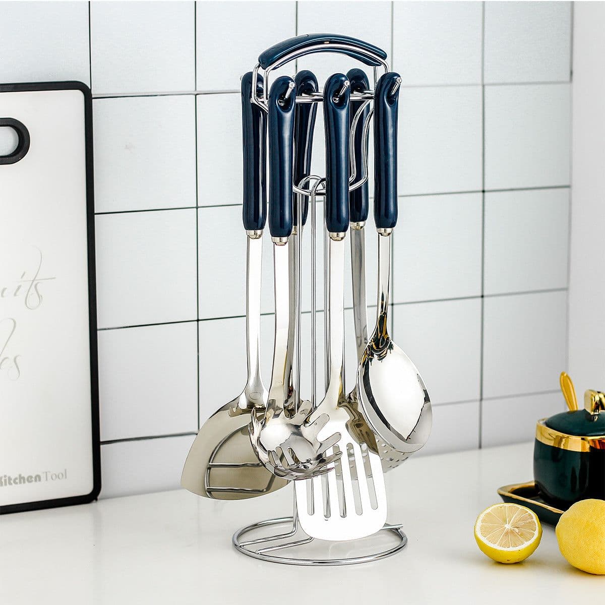 image-Hanle light luxury emerald kitchen full set of spoon shovel shovel soup spoon rice spoon ceramic handle anti-scalding cooking utensils