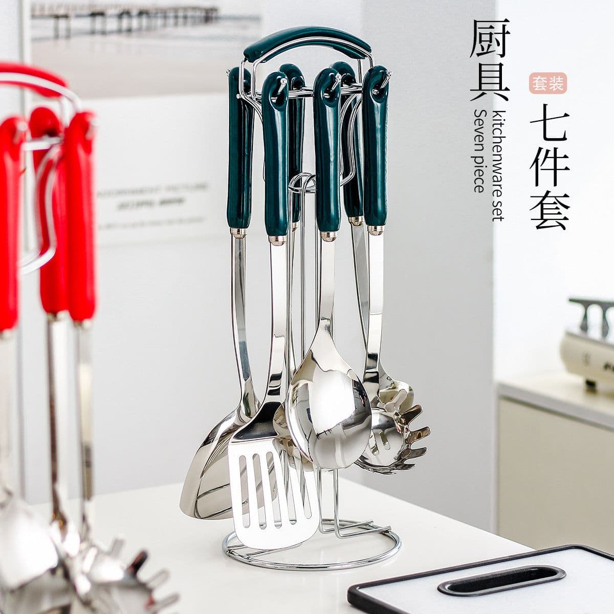 image-Hanle light luxury emerald kitchen full set of spoon shovel shovel soup spoon rice spoon ceramic handle anti-scalding cooking utensils