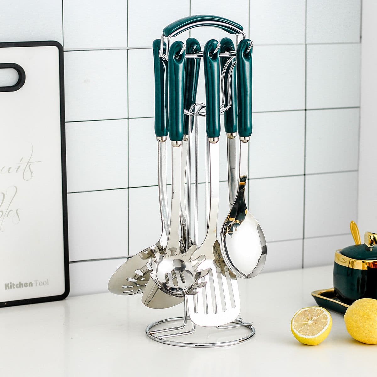 image-Hanle light luxury emerald kitchen full set of spoon shovel shovel soup spoon rice spoon ceramic handle anti-scalding cooking utensils