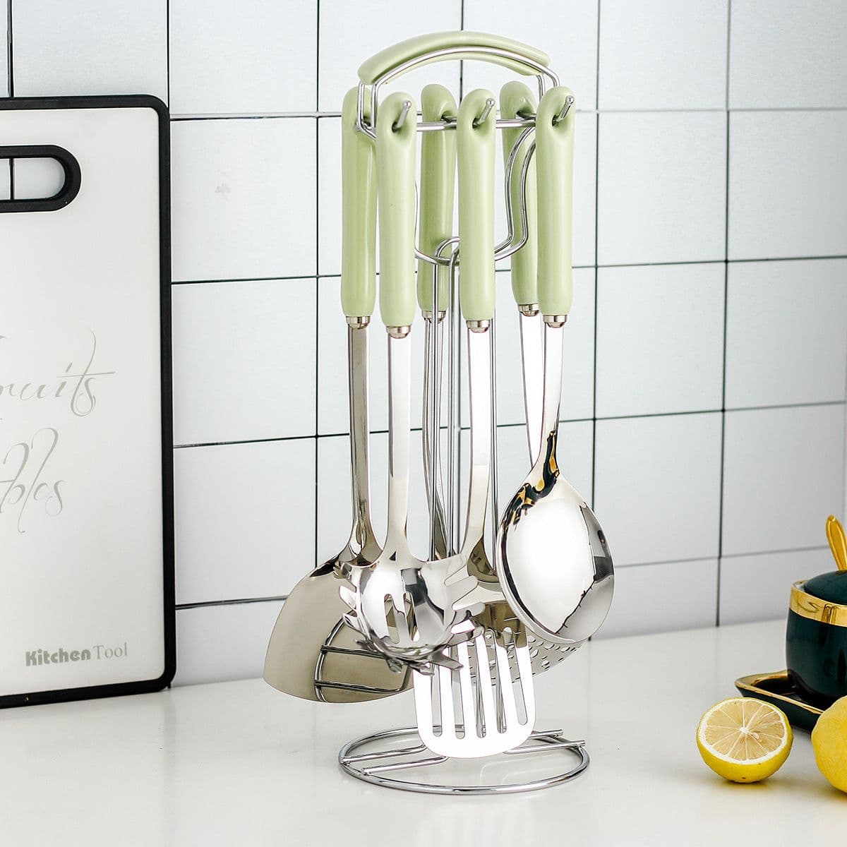 image-Hanle light luxury emerald kitchen full set of spoon shovel shovel soup spoon rice spoon ceramic handle anti-scalding cooking utensils