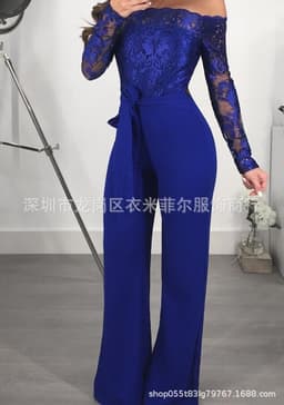 image-2019 hot style European and American casual ladies lace-up collar wide-leg solid color jumpsuit