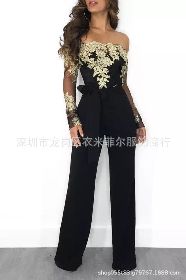 image-2019 hot style European and American casual ladies lace-up collar wide-leg solid color jumpsuit