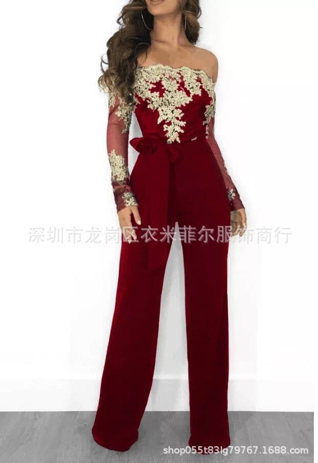 image-2019 hot style European and American casual ladies lace-up collar wide-leg solid color jumpsuit