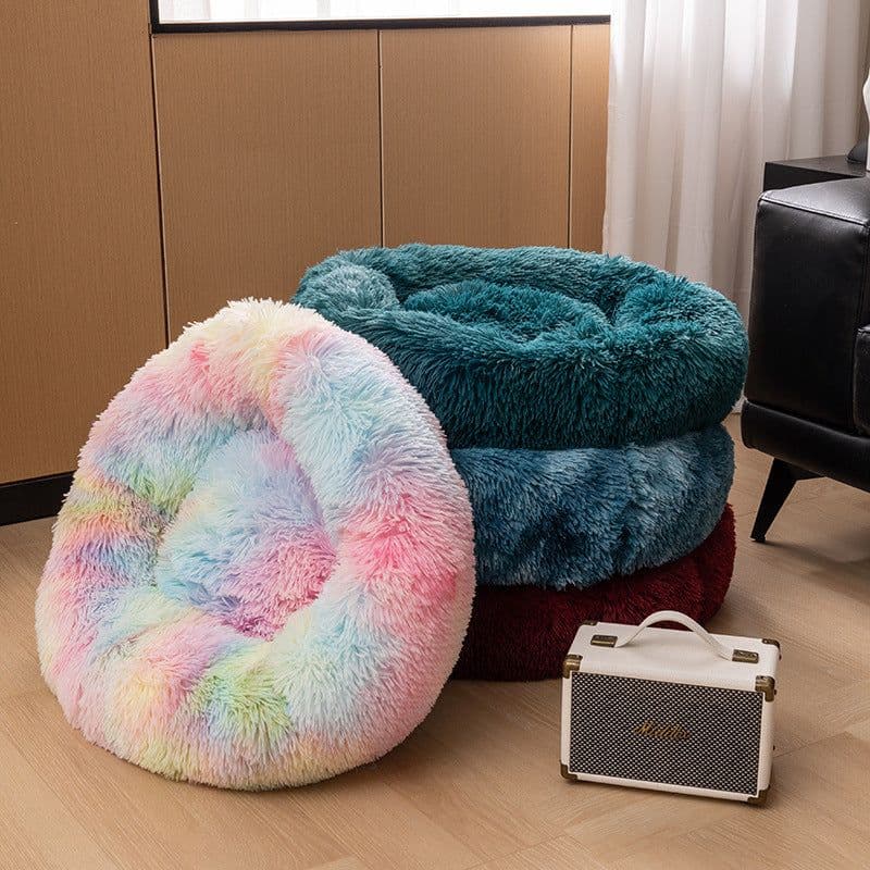 image-Plush cat litter kennel round removable and washable pet mat winter warm rainbow Teddy deer dog kennel wholesale