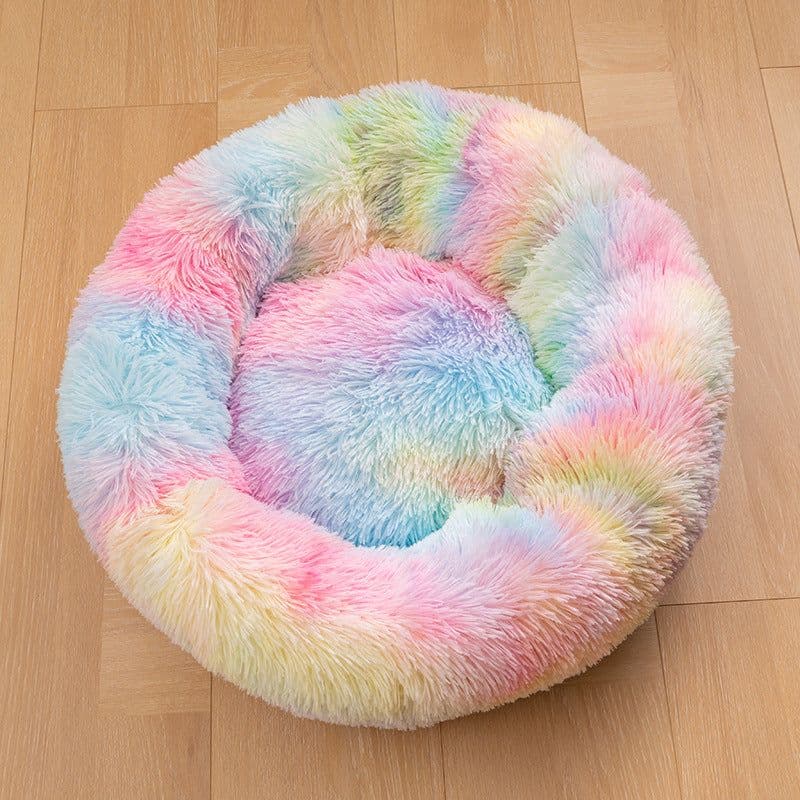 image-Plush cat litter kennel round removable and washable pet mat winter warm rainbow Teddy deer dog kennel wholesale
