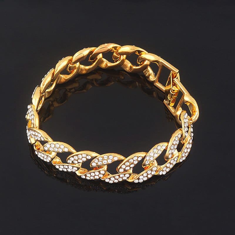 image-European and American popular hip-hop accessories full diamond Miami Cuban chain necklace Hiphop rap bracelet Cuban gold and silver chain
