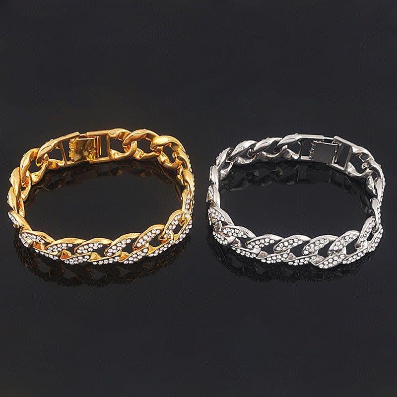 image-European and American popular hip-hop accessories full diamond Miami Cuban chain necklace Hiphop rap bracelet Cuban gold and silver chain