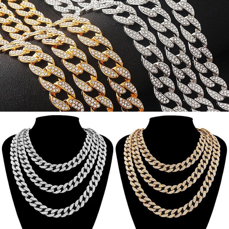image-European and American popular hip-hop accessories full diamond Miami Cuban chain necklace Hiphop rap bracelet Cuban gold and silver chain