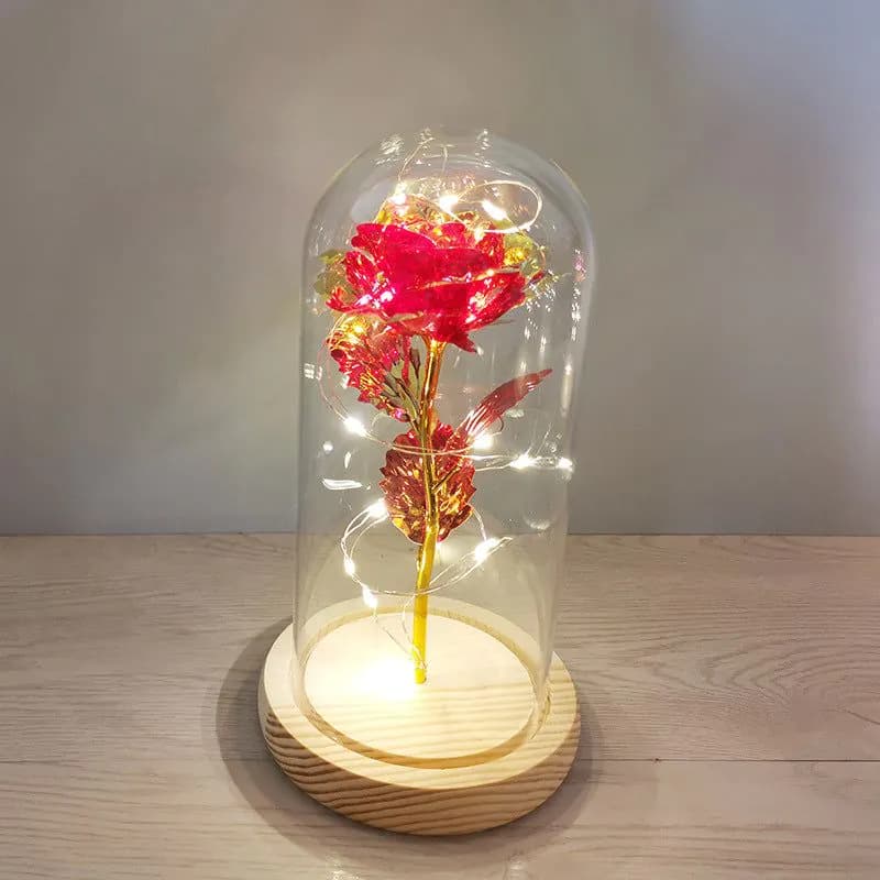 image-Glass cover rose flower gold leaf flower with led lights color gold eternal flower Valentine's day Christmas ornaments cross-border supply