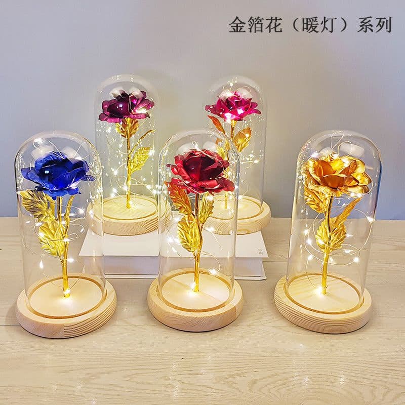 image-Glass cover rose flower gold leaf flower with led lights color gold eternal flower Valentine's day Christmas ornaments cross-border supply