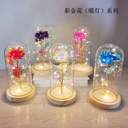 image-Glass cover rose flower gold leaf flower with led lights color gold eternal flower Valentine's day Christmas ornaments cross-border supply