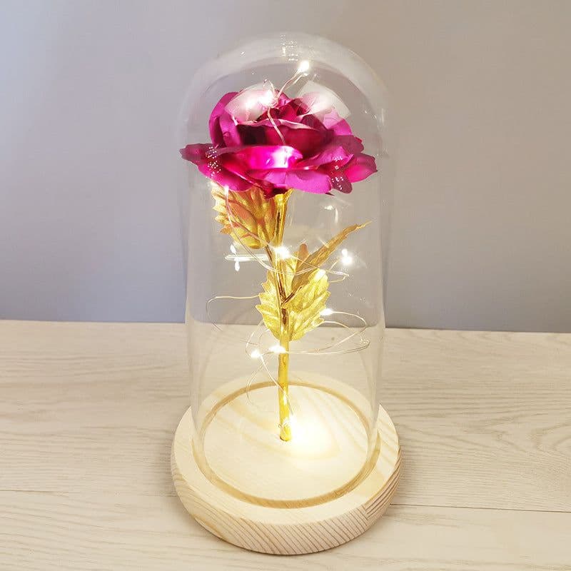 image-Glass cover rose flower gold leaf flower with led lights color gold eternal flower Valentine's day Christmas ornaments cross-border supply