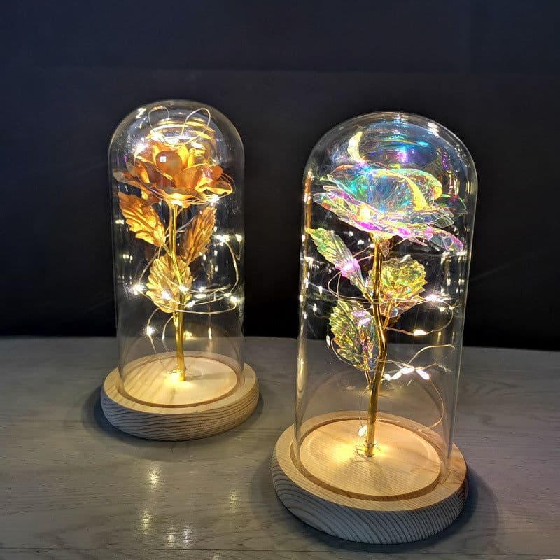 image-Glass cover rose flower gold leaf flower with led lights color gold eternal flower Valentine's day Christmas ornaments cross-border supply