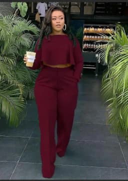 image-D8454 Autumn/winter new style, short front and long back, fashion back pleated solid color wide legs. Standing two-piece set in stock