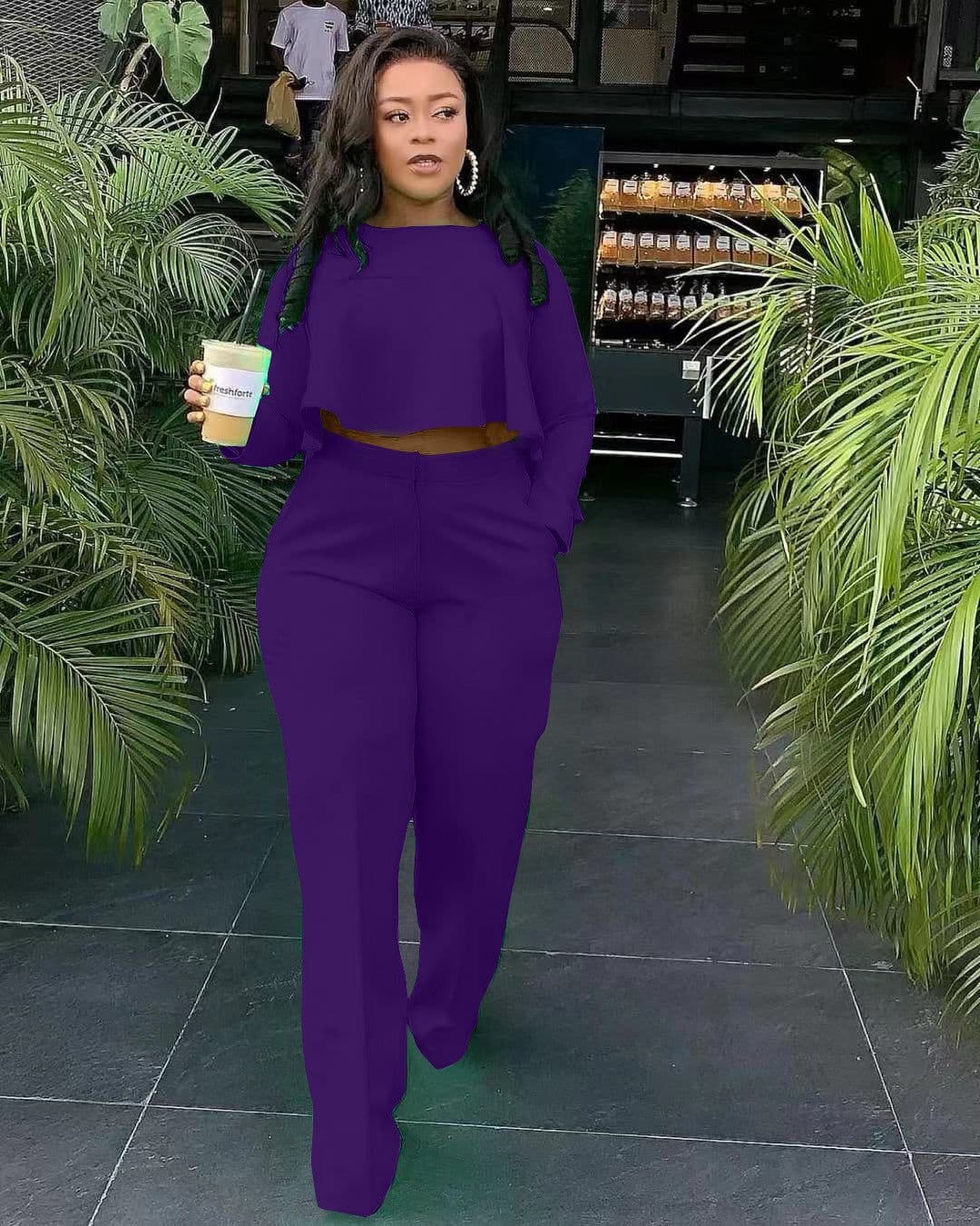 image-D8454 Autumn/winter new style, short front and long back, fashion back pleated solid color wide legs. Standing two-piece set in stock