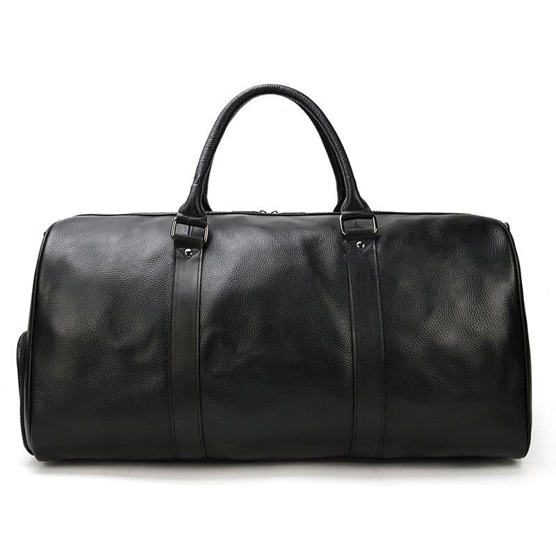 image-Men's leather travel bag black gym bag with shoe position cylinder handbag top layer cowhide messenger bag round bucket bag