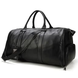 image-Men's leather travel bag black gym bag with shoe position cylinder handbag top layer cowhide messenger bag round bucket bag