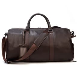 image-Men's leather travel bag black gym bag with shoe position cylinder handbag top layer cowhide messenger bag round bucket bag