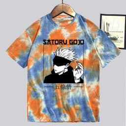 image-Conjuration back battle Gojo Goku tie-dye shirt for men and women loose short-sleeved T-shirt casual couple half-sleeved trendy new