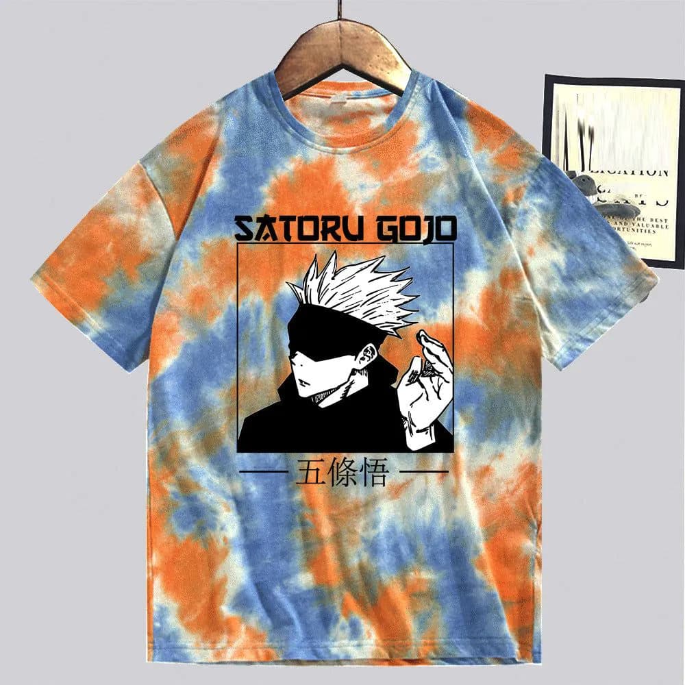 image-Conjuration back battle Gojo Goku tie-dye shirt for men and women loose short-sleeved T-shirt casual couple half-sleeved trendy new
