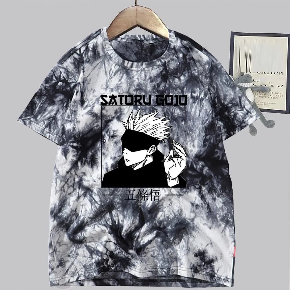 image-Conjuration back battle Gojo Goku tie-dye shirt for men and women loose short-sleeved T-shirt casual couple half-sleeved trendy new