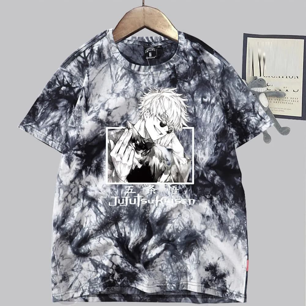 image-Conjuration back battle Gojo Goku tie-dye shirt for men and women loose short-sleeved T-shirt casual couple half-sleeved trendy new