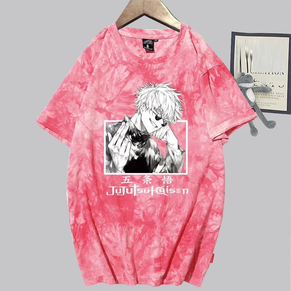 image-Conjuration back battle Gojo Goku tie-dye shirt for men and women loose short-sleeved T-shirt casual couple half-sleeved trendy new