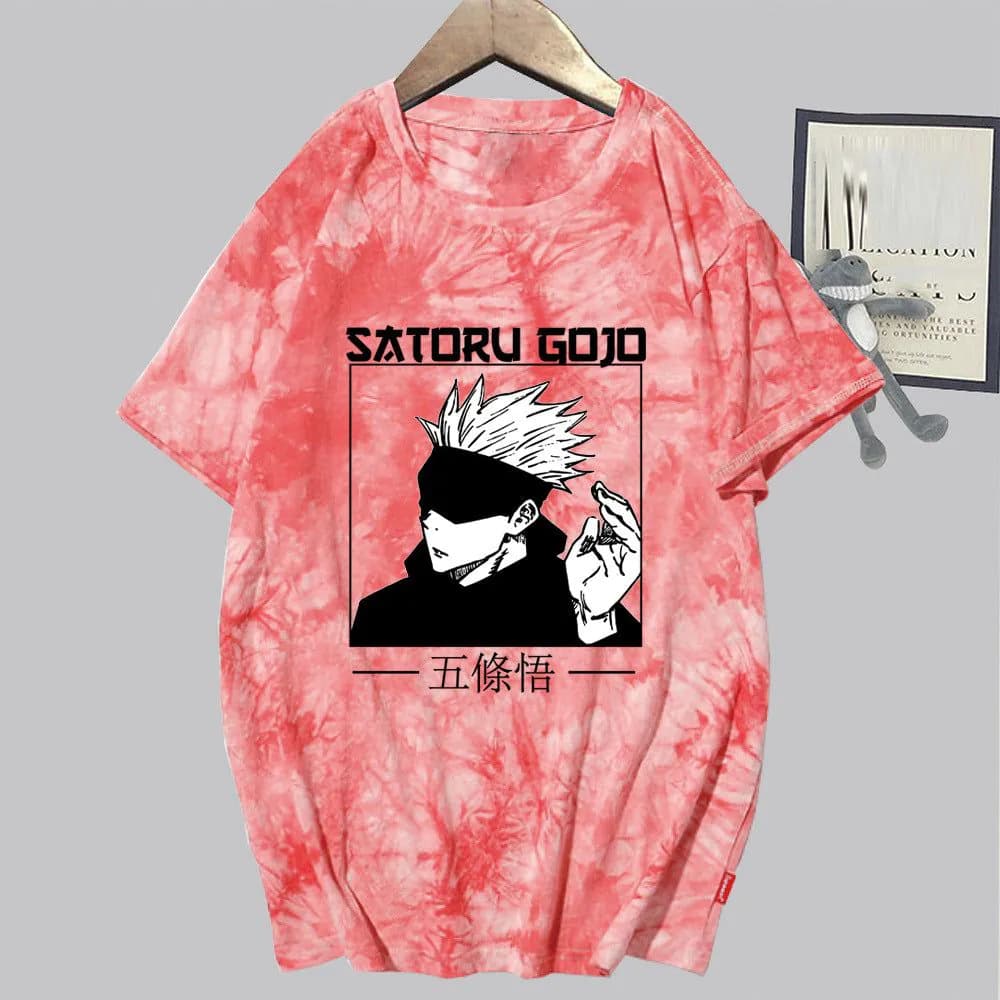 image-Conjuration back battle Gojo Goku tie-dye shirt for men and women loose short-sleeved T-shirt casual couple half-sleeved trendy new