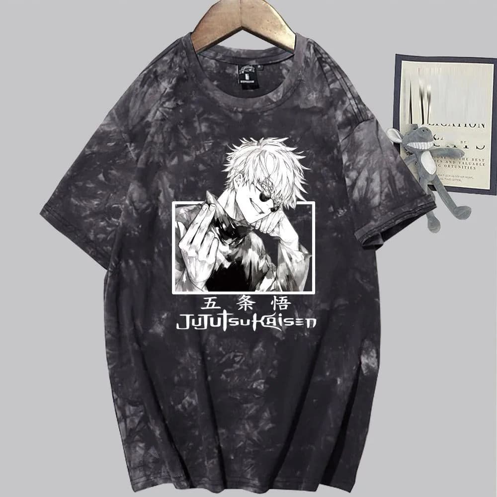 image-Conjuration back battle Gojo Goku tie-dye shirt for men and women loose short-sleeved T-shirt casual couple half-sleeved trendy new
