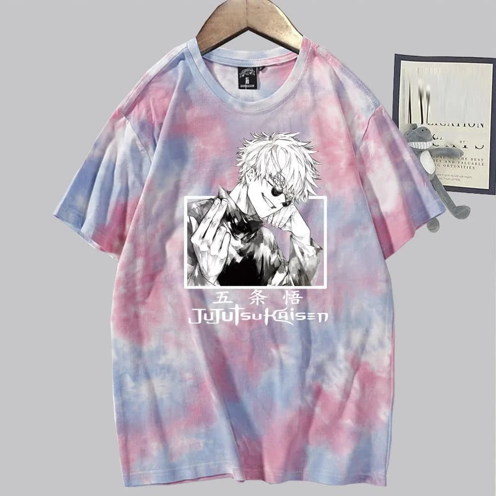 image-Conjuration back battle Gojo Goku tie-dye shirt for men and women loose short-sleeved T-shirt casual couple half-sleeved trendy new