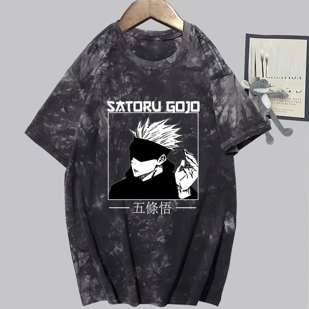 image-Conjuration back battle Gojo Goku tie-dye shirt for men and women loose short-sleeved T-shirt casual couple half-sleeved trendy new