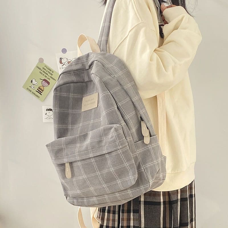 image-Mori simple lattice school bag female students Korean version of junior high school high school large-capacity backpack wild college student backpack