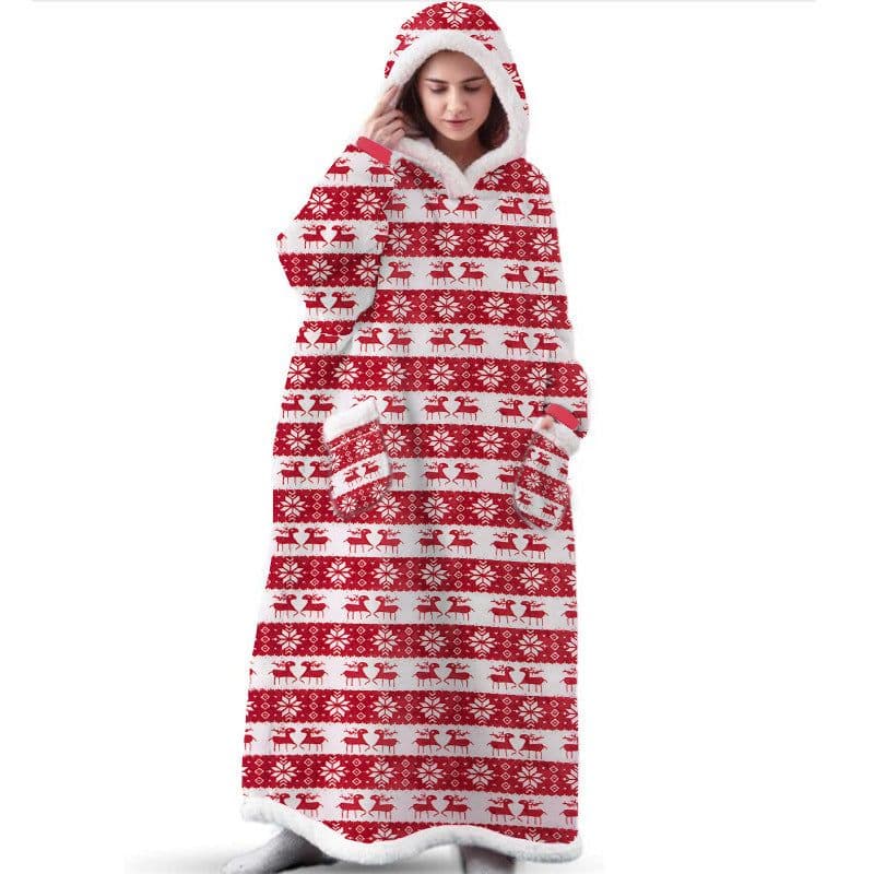 image-Christmas Hoodie Winter 2021 Warm Long Lazy Wear Big Red Elk Print Blanket