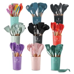 image-Cross-border stock storage barreled 11-piece silicone kitchenware set with wooden handle 11-piece seven-color silicone kitchenware set